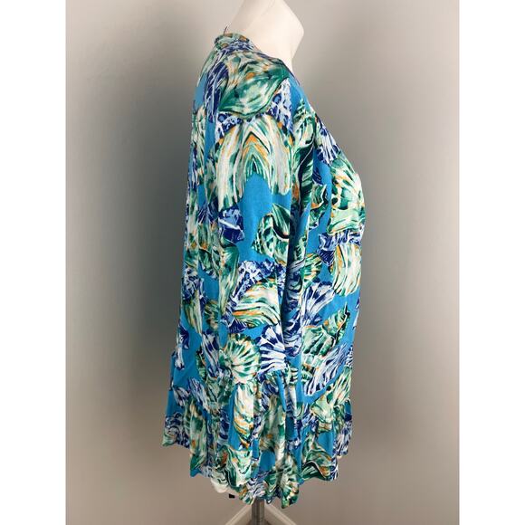 Chico's Summer Romance Bell Sleeve Coastal Shell Cardigan in Poolside Blue Large - Picture 3 of 8